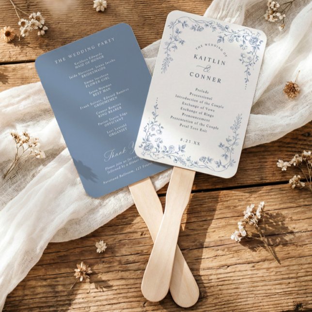 Abanico Programa de Boda Floral Francés Azul Polvoriento V (Dusty blue wedding program fan with vintage French chinoiserie floral frame)