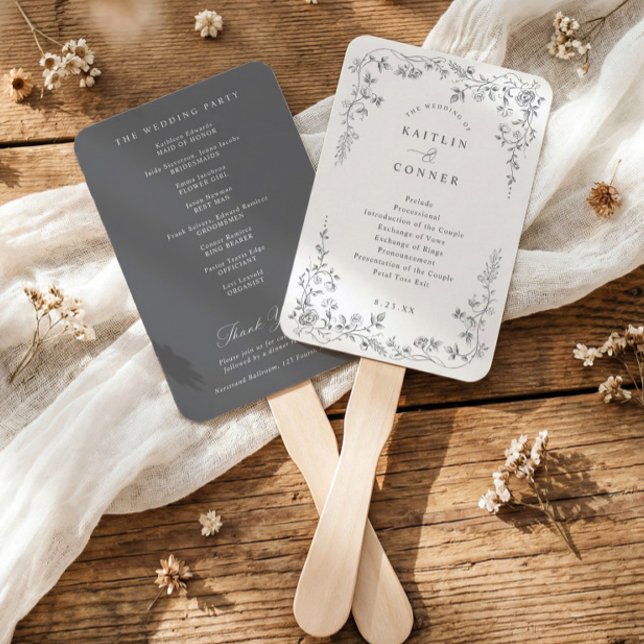 Abanico Programa de Boda Floral Francés Gris Plateado Vint (Silver gray wedding program fan with vintage French chinoiserie floral frame)
