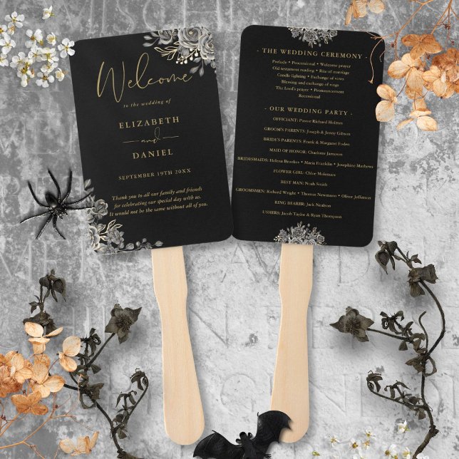 Abanico Programa De Boda Floral Gótica De Oro Y Negro (Black And Gold Gothic Floral Wedding Program Hand Fan)