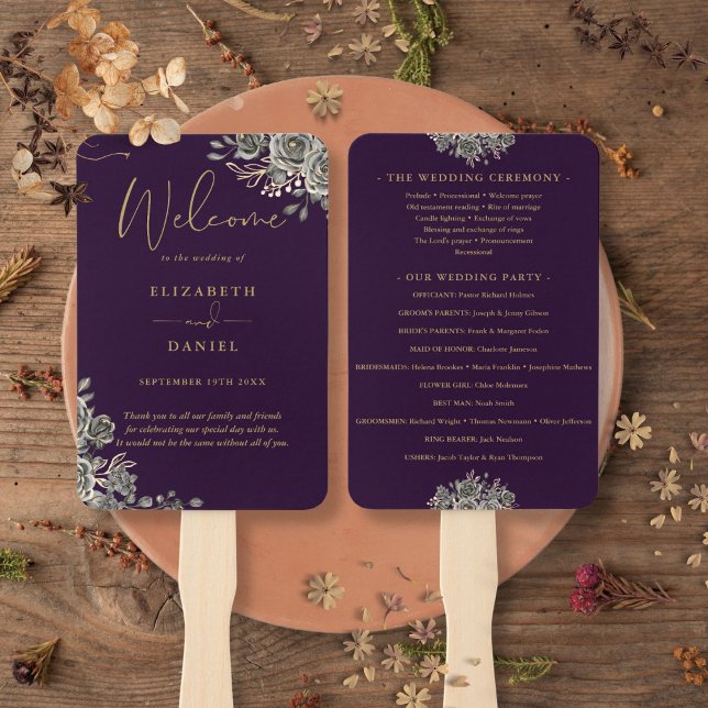 Abanico Programa De Boda Floral Gótica Púrpura Y Dorada (Purple And Gold Gothic Floral Wedding Program Hand Fan)