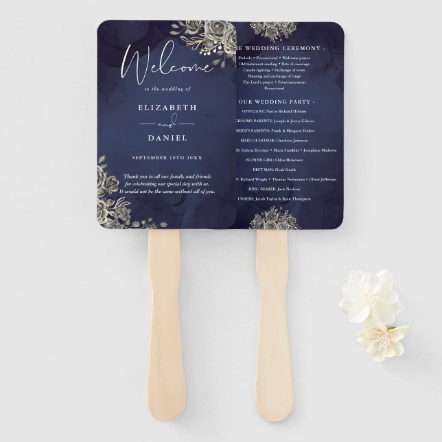 Abanico Programa de Boda Floral Gótico Azul Medianoche (Anverso y reverso)