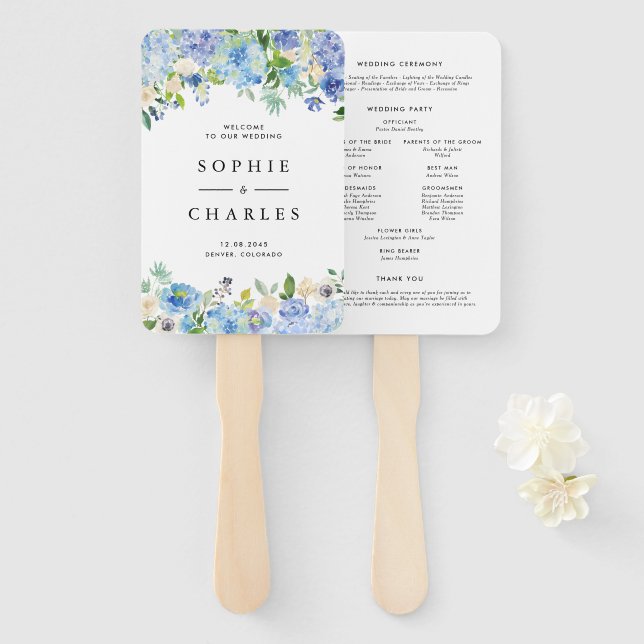 Abanico Programa de Boda Floral Hortensia Acuarela Azul (Anverso y reverso)