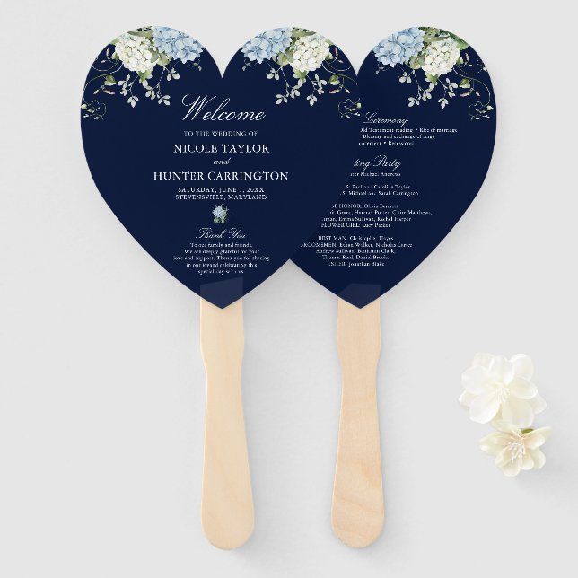 Abanico Programa de Boda Floral Hortensia Azul Oscuro (Anverso y reverso)