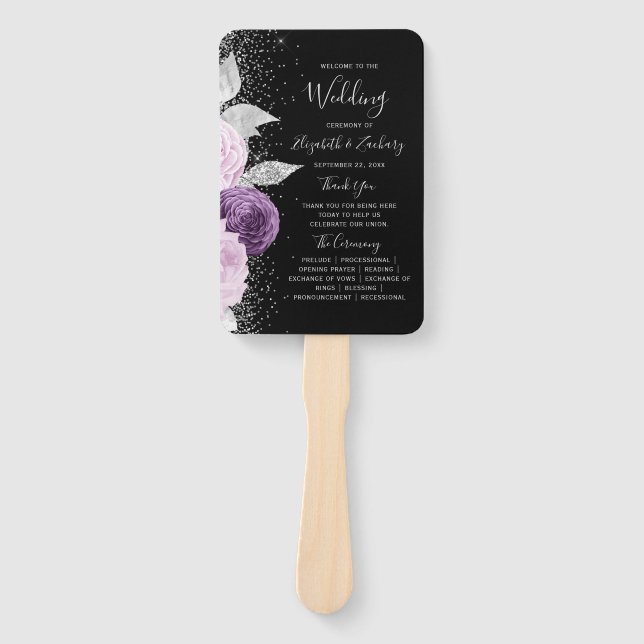 Abanico Programa de Boda Floral Morado Plateado Negro (Anverso)