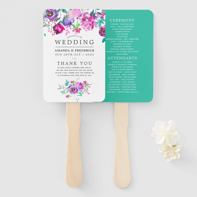 Abanico Programa de Boda Floral Púrpura y Mint (Anverso y reverso)