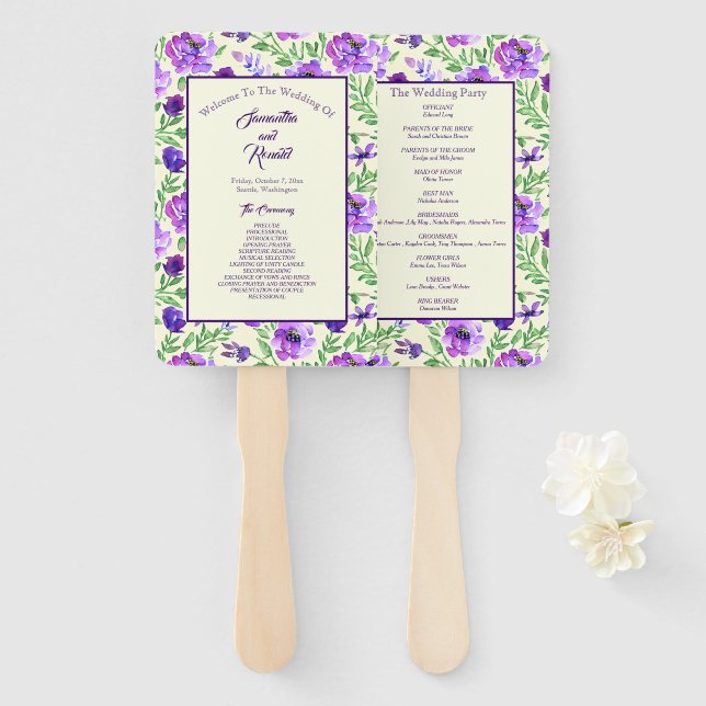 Abanico Programa de Boda Floral Púrpura y Verde (Anverso y reverso)