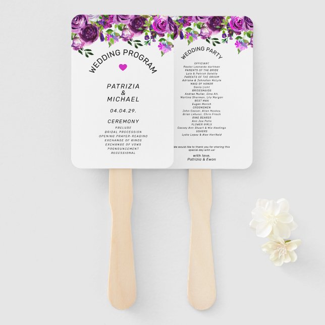 Abanico Programa de Boda Floral Rosa Acuarela Romántica (Anverso y reverso)