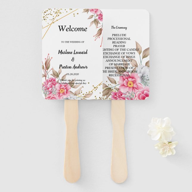 Abanico Programa de Boda Floral Rosa Geométrica con marco  (Anverso y reverso)