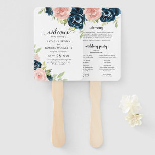 Abanico Programa de Boda Floral Rosa Rubor Azul Marino