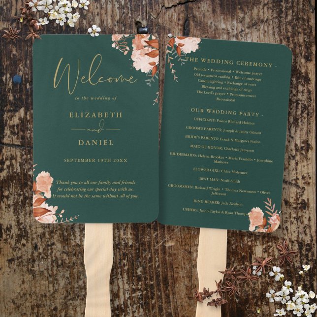 Abanico Programa De Boda Floral Rústica De Esmeralda Y Oro (Emerald And Gold Rustic Floral Wedding Program Hand Fan)
