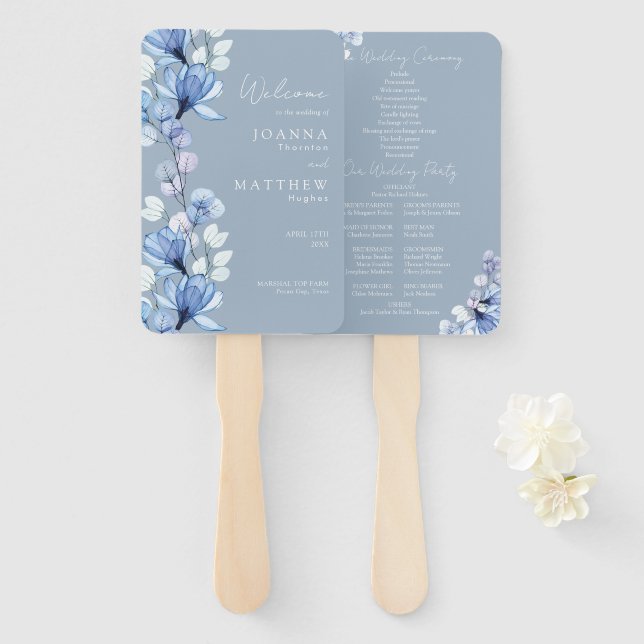 Abanico Programa de Boda Floral Transparente Azul Polvo (Anverso y reverso)