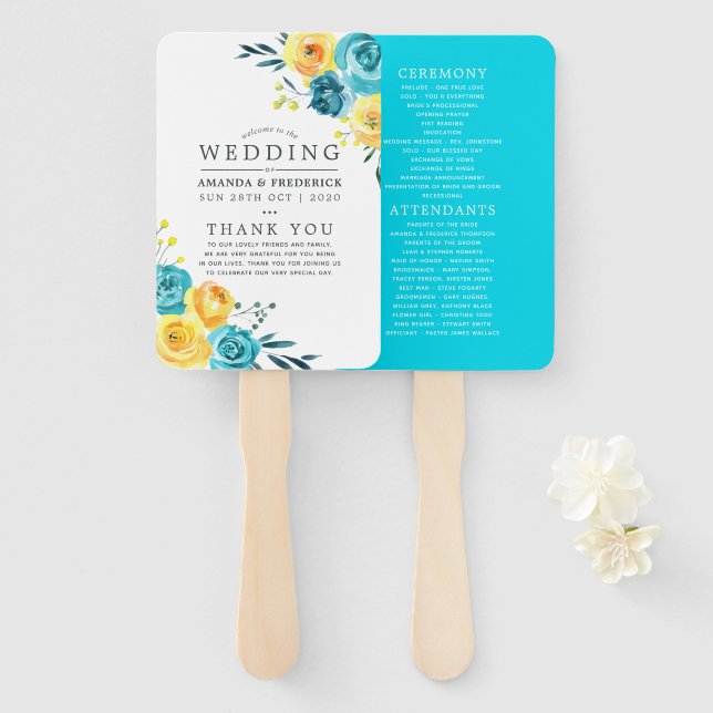 Abanico Programa de Boda Floral Turquesa y Amarillo (Anverso y reverso)