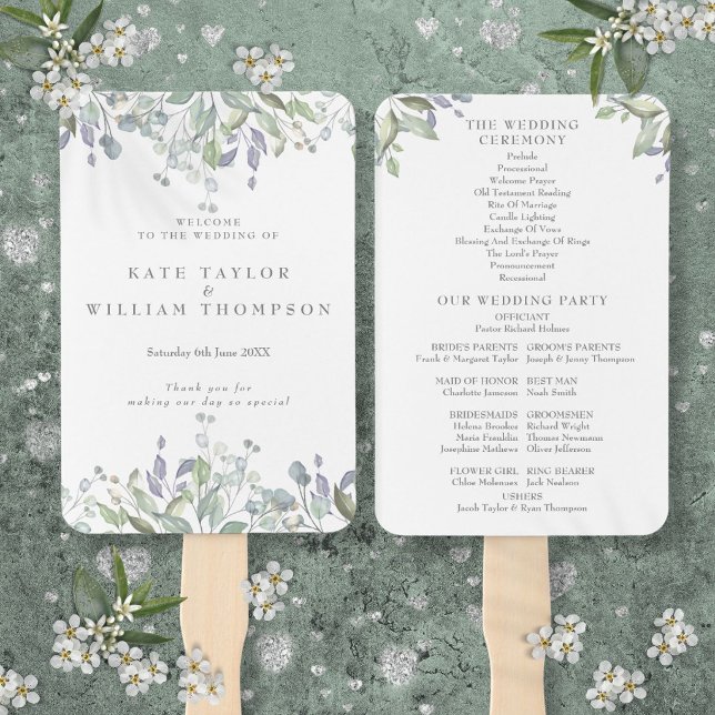 Abanico Programa de Boda Floral Verde Acuarela (Watercolor Greenery Floral Wedding Program Hand Fan)