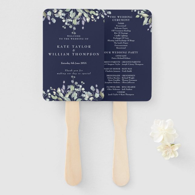 Abanico Programa de Boda Floral Verde Azul Marino (Anverso y reverso)