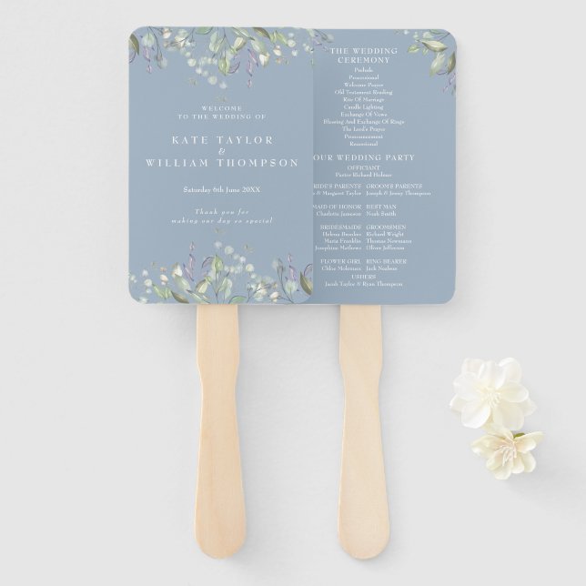 Abanico Programa de Boda Floral Verde Azul Polvoriento (Anverso y reverso)