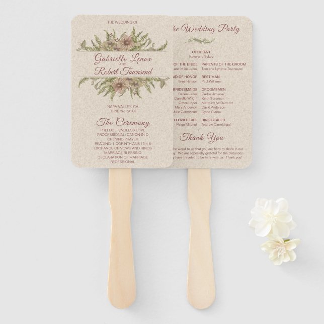 Abanico Programa de Boda Floral y Verde Malva Elegante (Anverso y reverso)