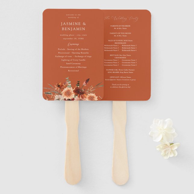 Abanico Programa de Boda Flores de Champán y Tierra Rústic (Anverso y reverso)