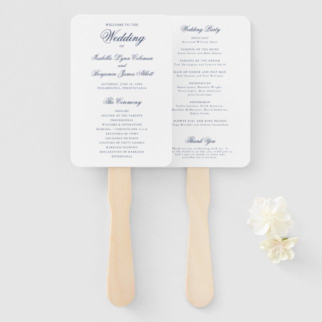 Abanico Programa de Boda Formal Azul Marino Tradicional (Anverso y reverso)
