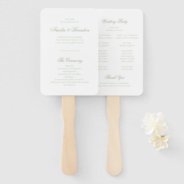 Abanico Programa de Boda Formal Clásico Verde Salvia Escri (Anverso y reverso)