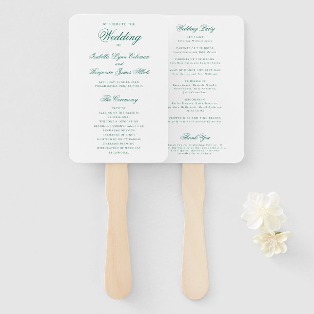 Abanico Programa de Boda Formal Tradicional Verde Esmerald (Anverso y reverso)
