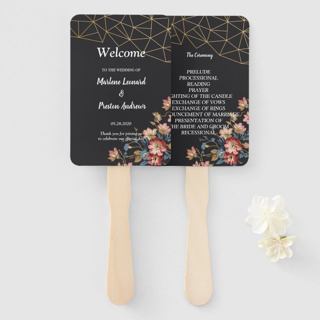 Abanico Programa de Boda Geométrica Dorada (Anverso y reverso)