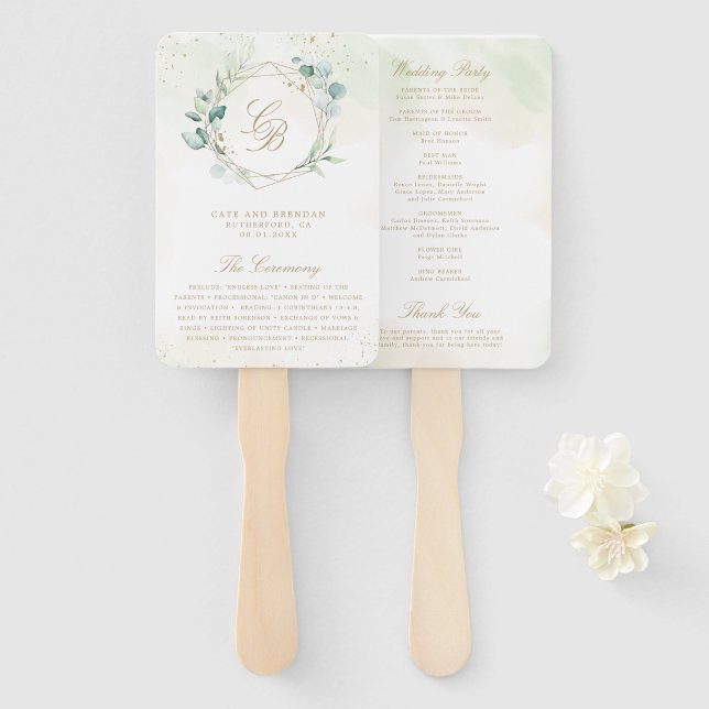 Abanico Programa de Boda Geométrica Eucalyptus Greenery Go (Anverso y reverso)