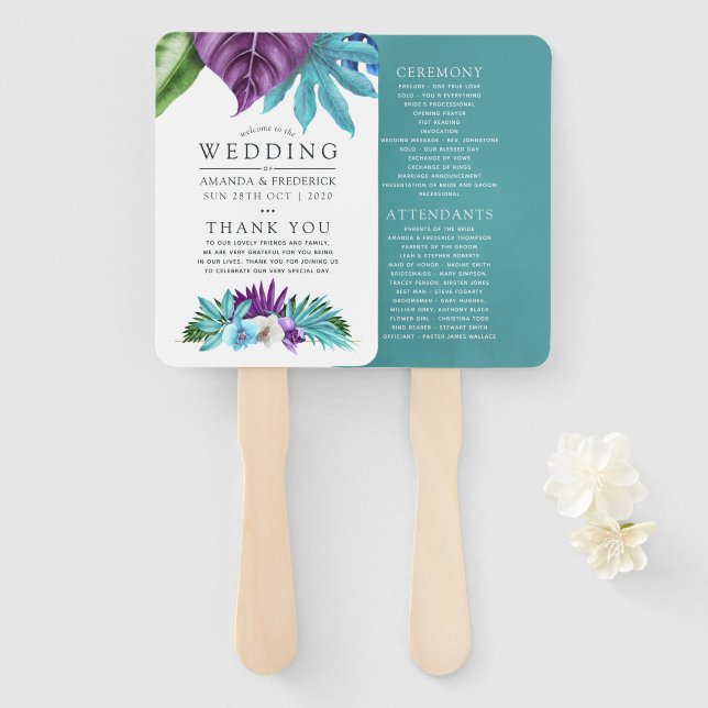 Abanico Programa de Boda Geométrico de Orquídeas Tropicale (Anverso y reverso)