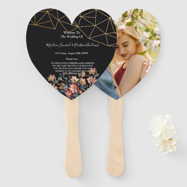 Abanico Programa de Boda Geométrico Dorado (Anverso y reverso)