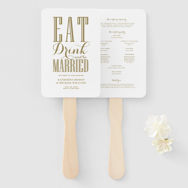 Abanico Programa de Boda Gold Eat Drink and Be Married (Anverso y reverso)