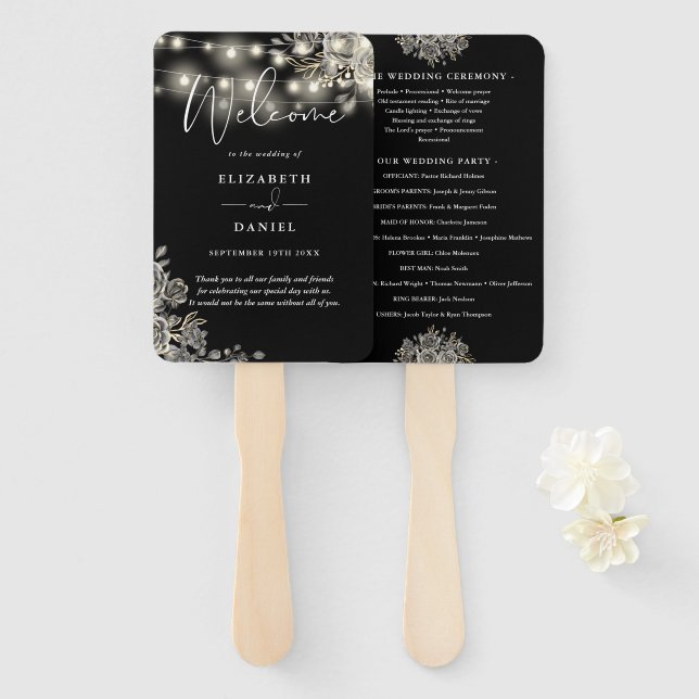 Abanico Programa de Boda Gótica de Luces Florales Negras (Anverso y reverso)