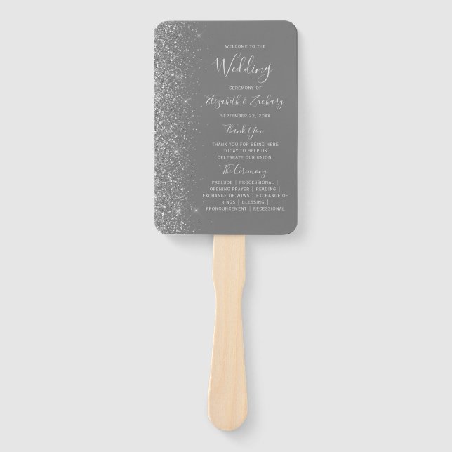 Abanico Programa de Boda Gris con Borde de Purpurina Plate (Anverso)