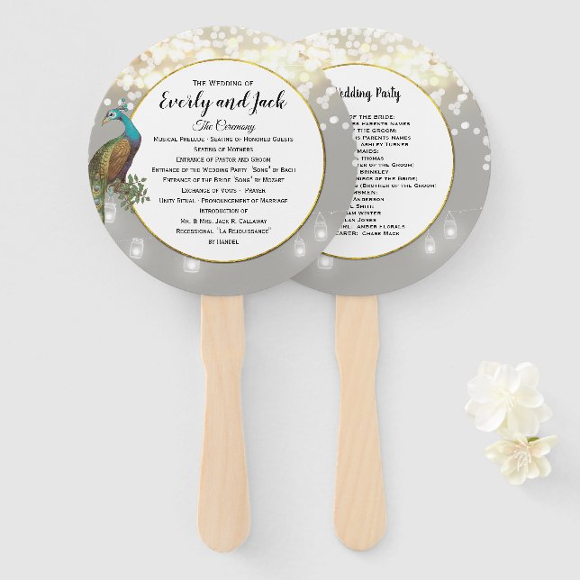 Abanico Programa de Boda Gris Turquesa Dorado Boho Pavo Re (Anverso y reverso)