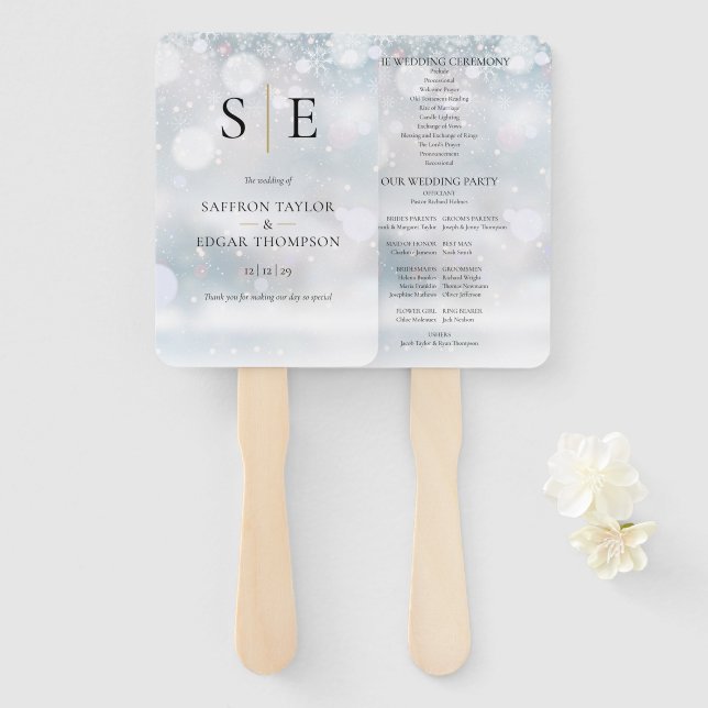Abanico Programa de Boda Invernal con Monograma Elegante (Anverso y reverso)