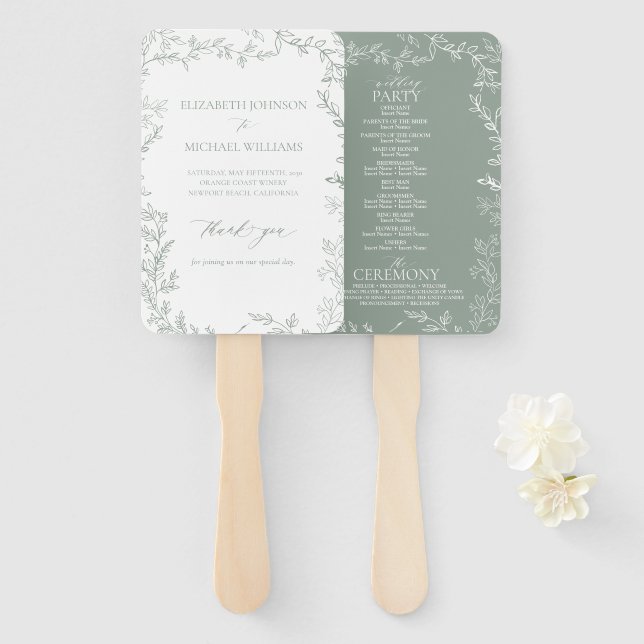 Abanico Programa de Boda Leafy Sage Green Elegant Monogram (Anverso y reverso)