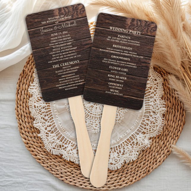 Abanico Programa de Boda Madera Oscura Rústica Marrón (Rustic wood wedding program hand fan)