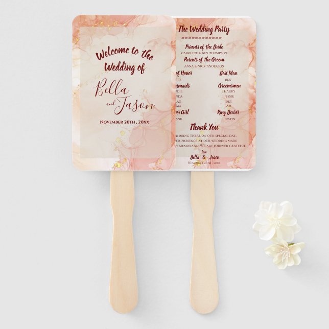Abanico Programa de Boda Mármol Naranja Dorado Melocotón F (Anverso y reverso)