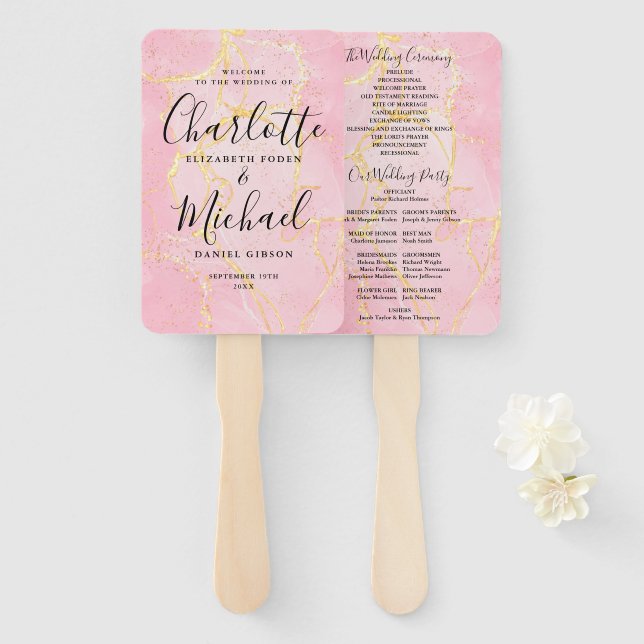 Abanico Programa de boda mármol rosa oro con guión de firm (Anverso y reverso)