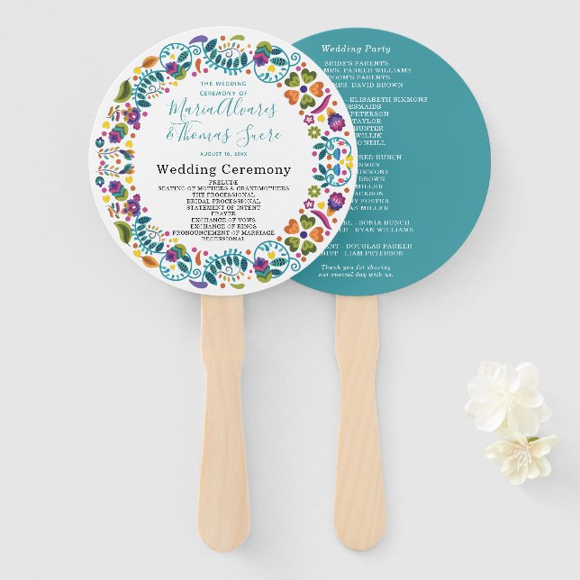 Abanico Programa de Boda Mexicana con Patrón Floral (Anverso y reverso)