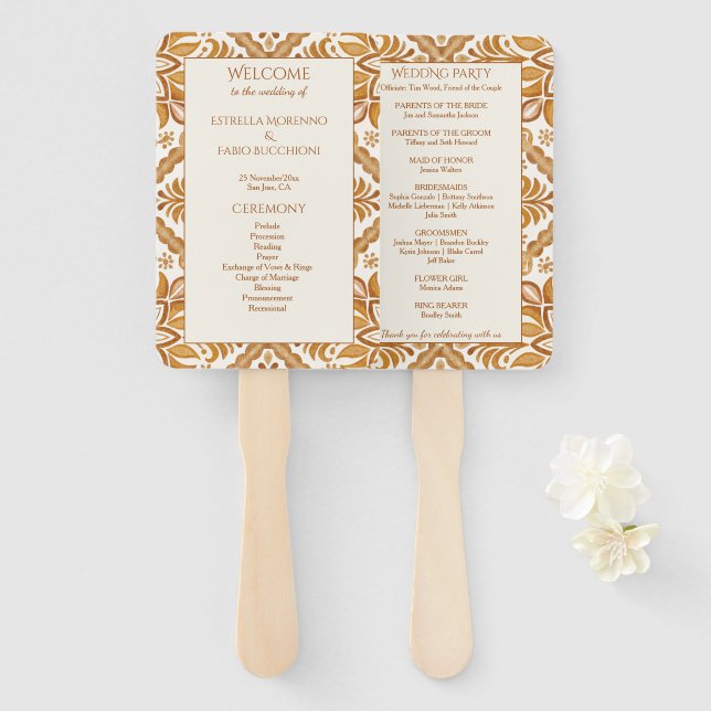 Abanico Programa de boda mexicano Talavera terracotta (Anverso y reverso)