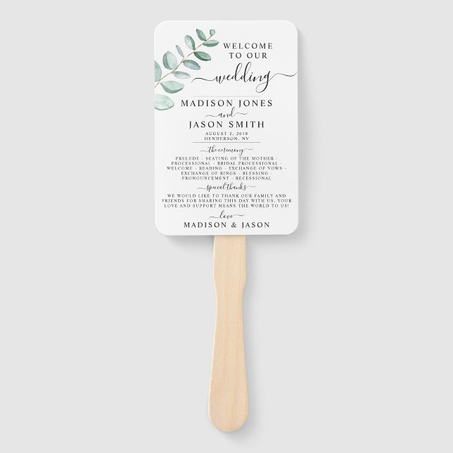 Abanico Programa de Boda Minimalista Eucalyptus Greenery (Anverso)