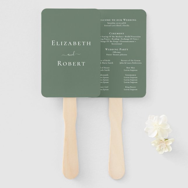 Abanico Programa de Boda Minimalista Moderno Verde Salvia  (Anverso y reverso)