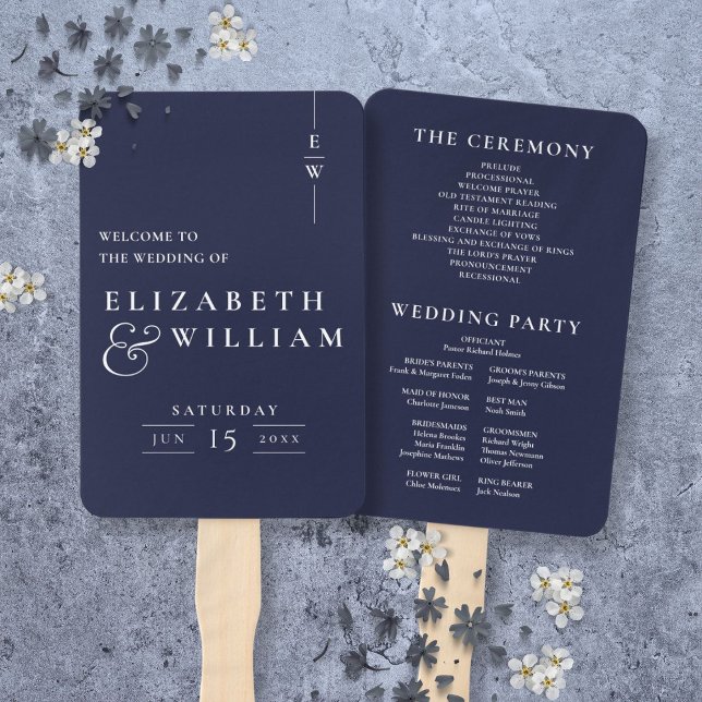 Abanico Programa de Boda Minimalista Monograma Azul Marino (Navy Blue Minimalist Monogram Wedding Program Hand Fan)