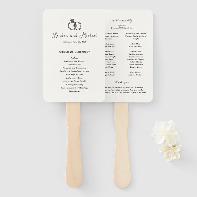 Abanico Programa de boda moderno con anillos dibujados a m (Anverso y reverso)