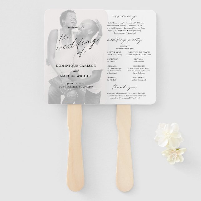 Abanico Programa de Boda Moderno con Caligrafía Elegante F (Anverso y reverso)