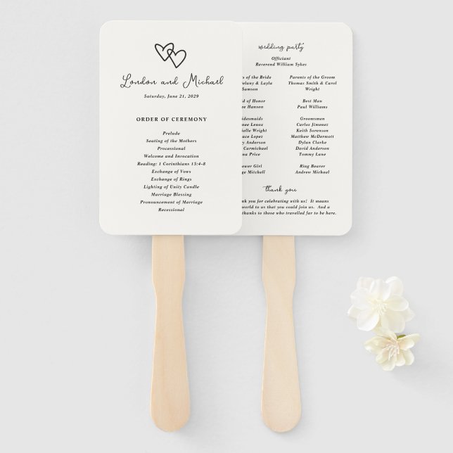 Abanico Programa de Boda Moderno con Corazones Dibujados a (Anverso y reverso)