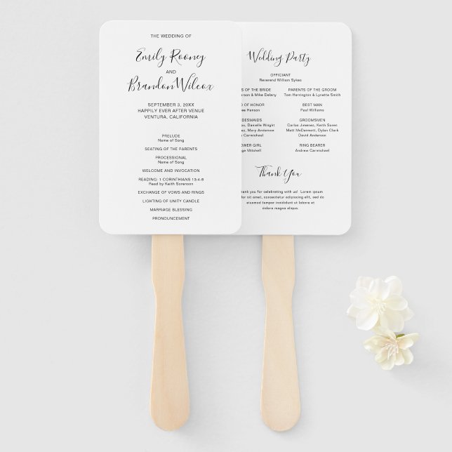 Abanico Programa de Boda Moderno con Letra Negra y Blanca (Anverso y reverso)