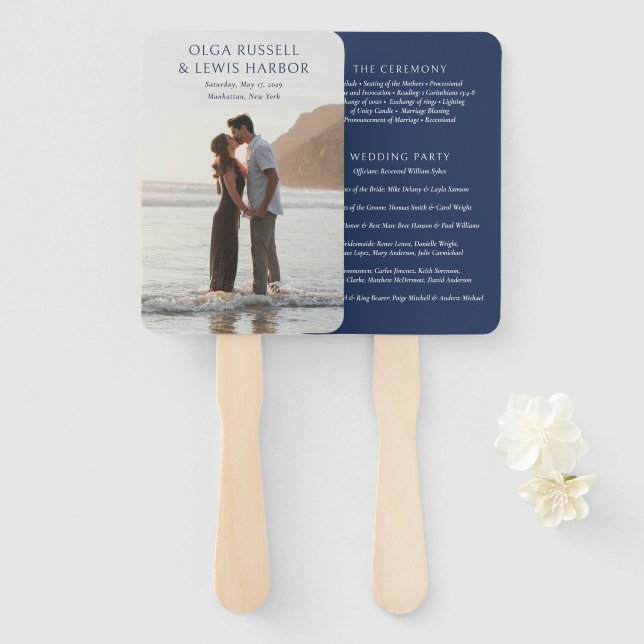 Abanico Programa de Boda Moderno de Crema y Azul Marinho S (Anverso y reverso)