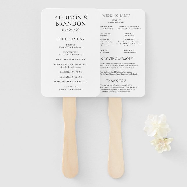 Abanico Programa de Boda Moderno en Negro y Blanco con Est (Anverso y reverso)