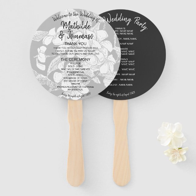 Abanico Programa de Boda Moderno Floral Boho Blanco Negro (Anverso y reverso)