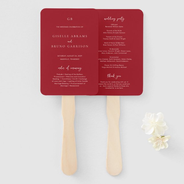 Abanico Programa de Boda Moderno Rojo Rubí Elegante (Anverso y reverso)